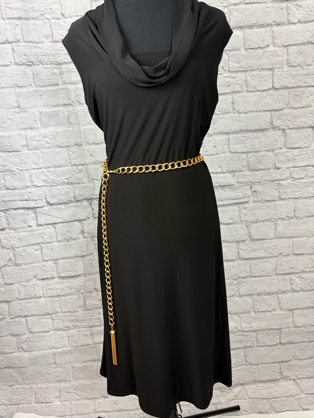 A.B.S. Allen Schwartz Black Cowl Neck Gold Chain Dress M NWT